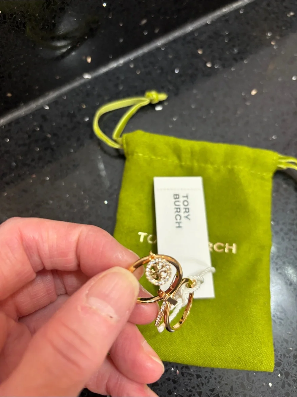 NWT Tory Burch Gold-Tone Pearl & Pavé Stackable Ring Set